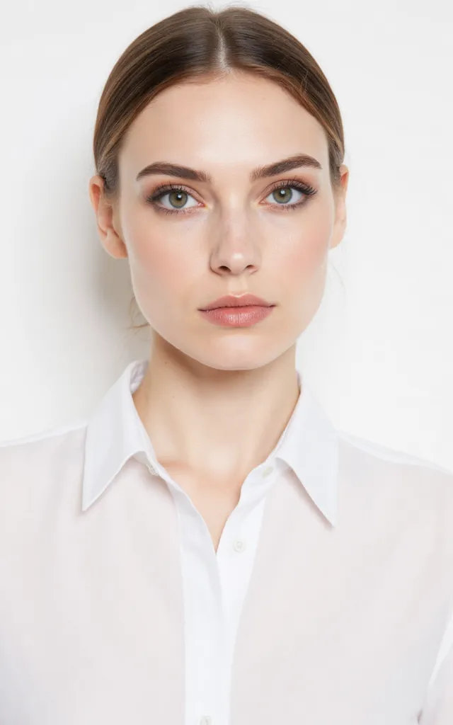 A French female model with a Princess   inspired makeup style, wearing a shirt, against a white background, in a front   facing bust portrait